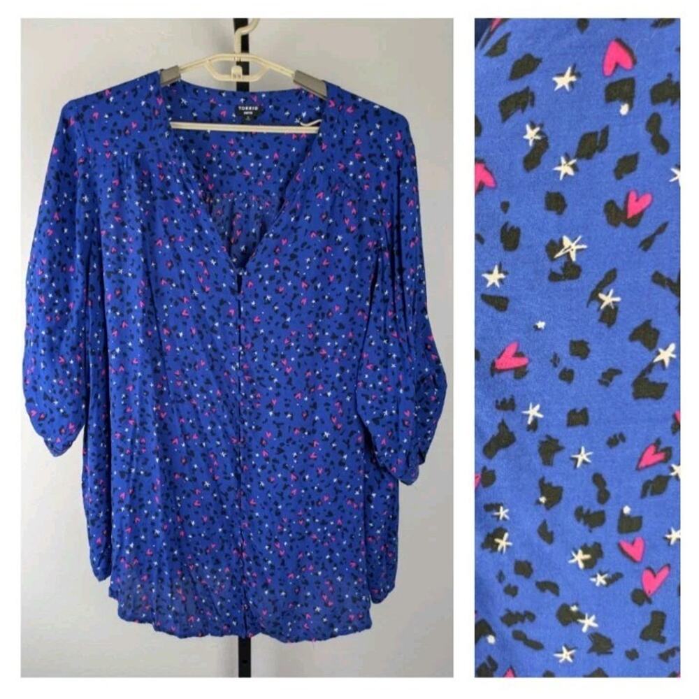 Torrid size 5X Blue Leopard Pink Heart Print Harper Blouse Rayon 3/4 sleeves